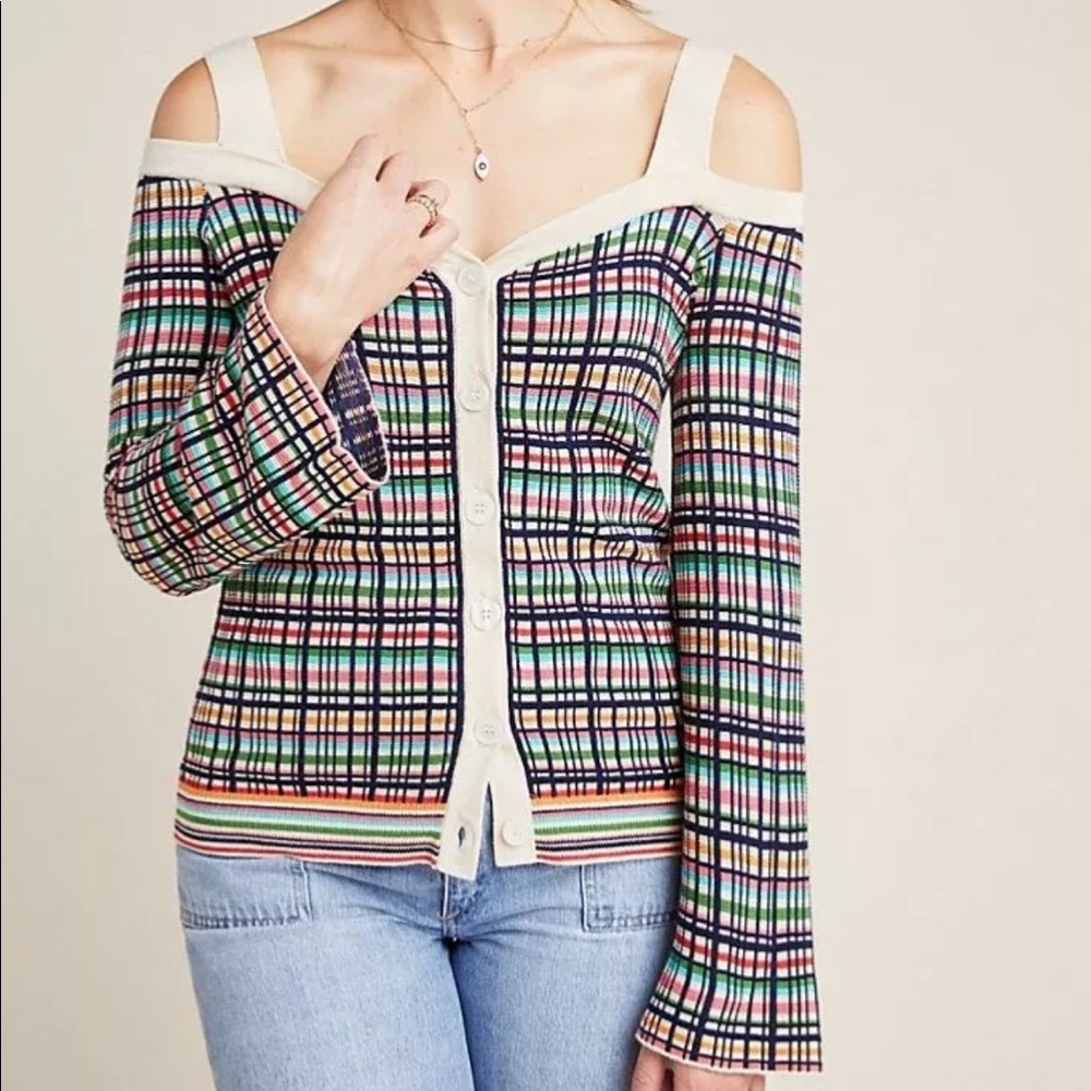 NWT Anthropologie Plaid Cold Shoulder Sweater